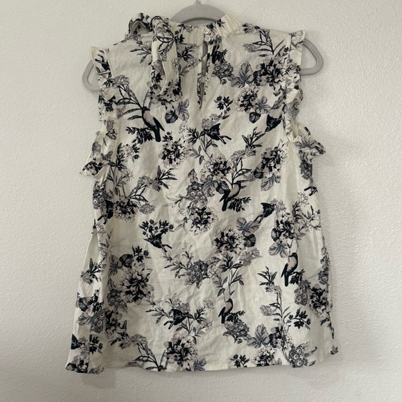 Who What Wear Floral Print Sleeveless Blouse Top Tie Neck Linen Black Cream M - Picture 5 of 10